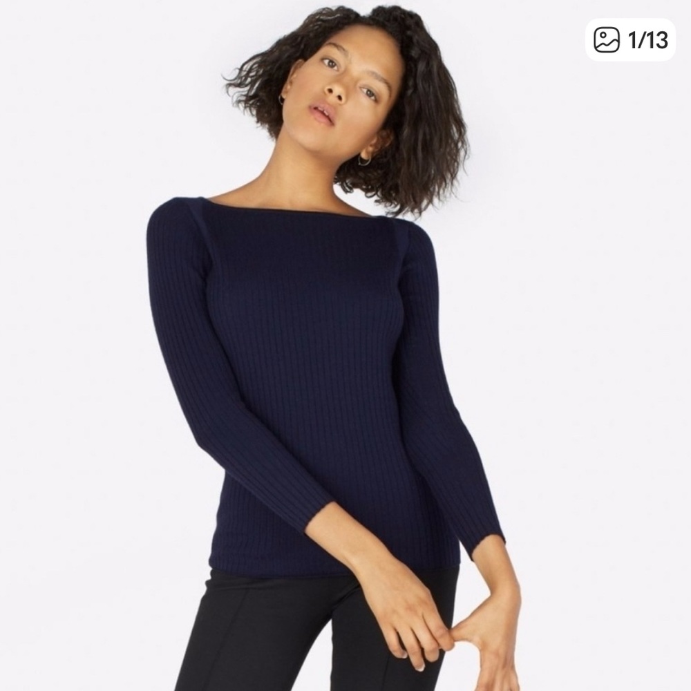 Everlane Navy Ribbed Boat-Neck Long-Sleeve Sweater